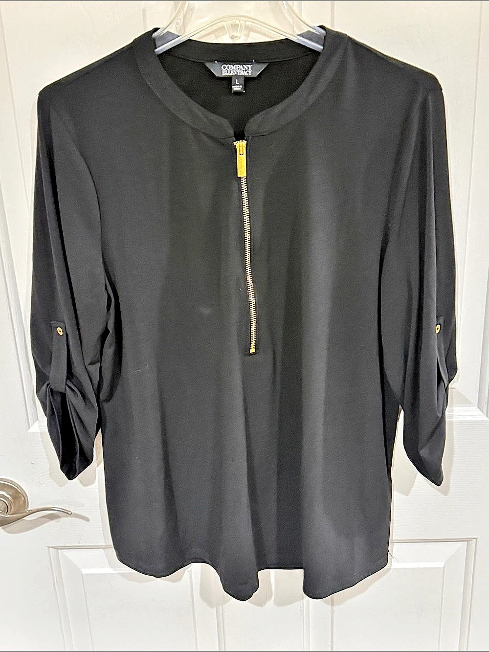 Company Ellen Tracy RN#123475 Black Zip Front Blouse Sz L GUC B38